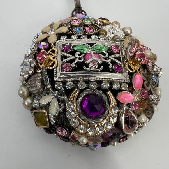 Handcrafted Bejeweled Handheld Mirror Miniature Ladies Mosaic Jewelry Beveled 5" - Picture 5 of 12